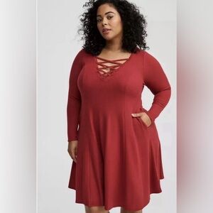 TORRID 1X RED Mini Waffle Long Sleeve Lace Up Neck Fit N Flare Dress Pockets
